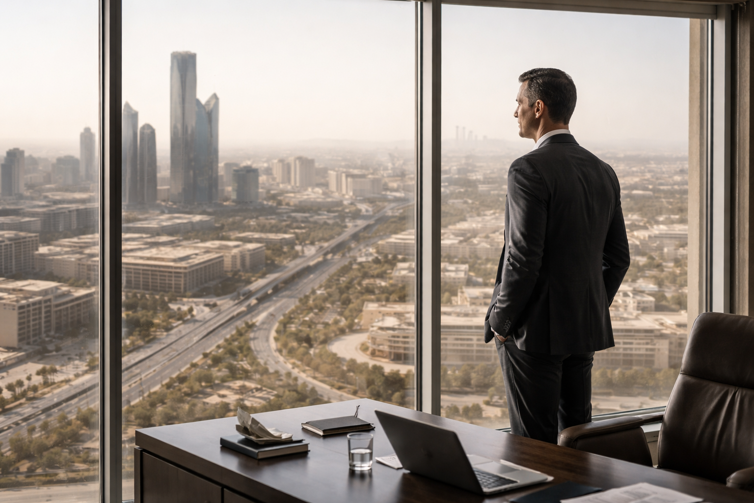 Private sector CEO overlooking Riyadh cityscape, representing the transition from market entry to institutional relevance in Saudi Arabia.