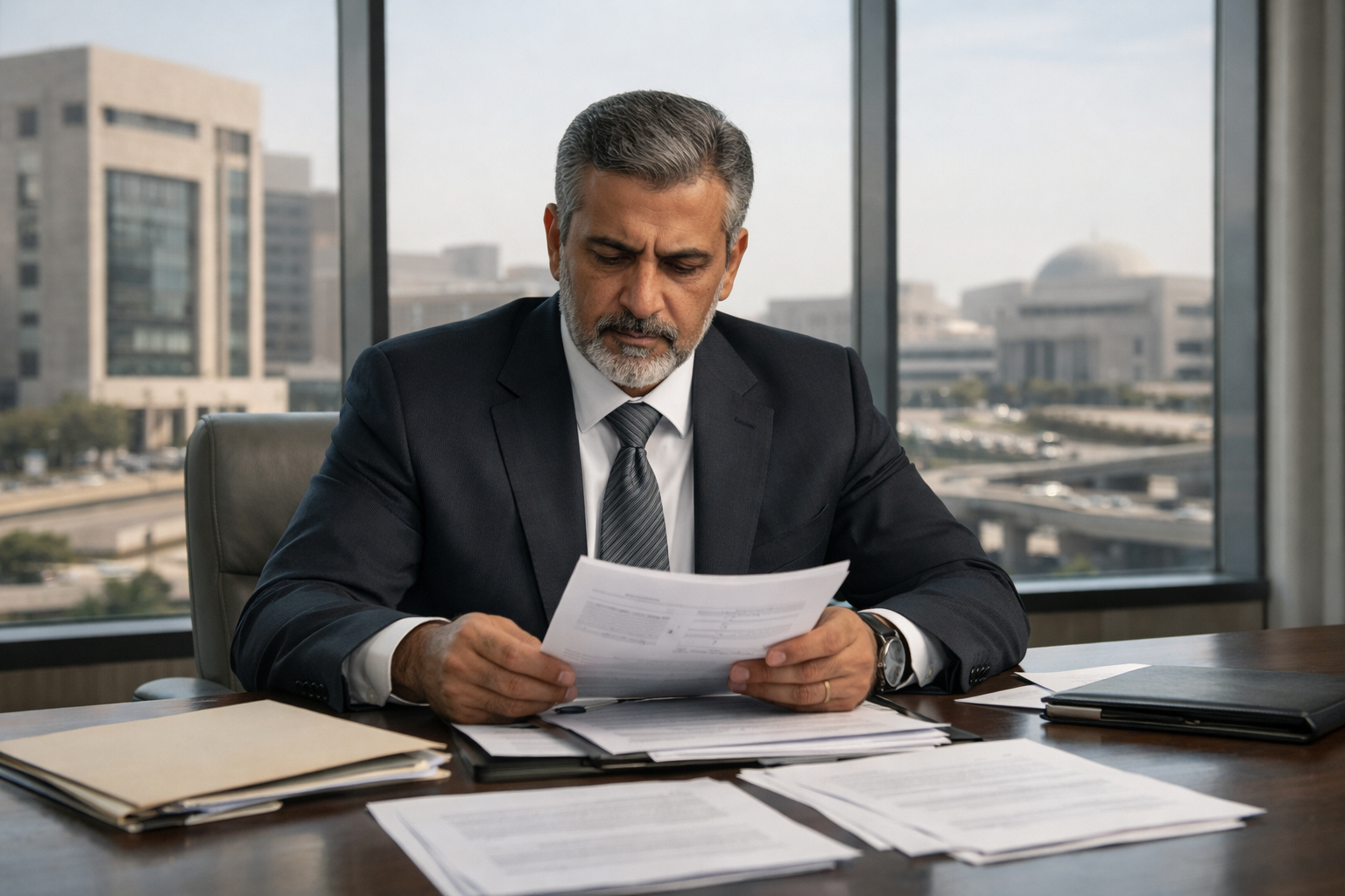 Private sector executive reviewing documents with Saudi institutional buildings in the background, representing mandate-driven decision making in Saudi Arabia.